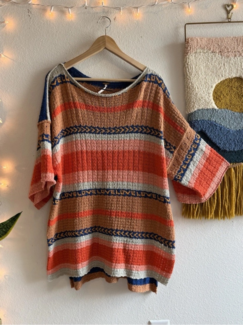 Free People Hidden Love Tunic Sweater Top Orange Combo Boho Women’s Size S